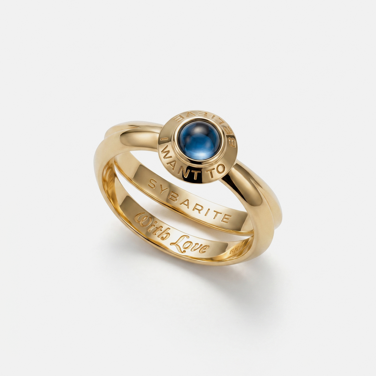 18k gold rings with blue gemstone and engraved detail, luxury fine jewellery by Sybarite