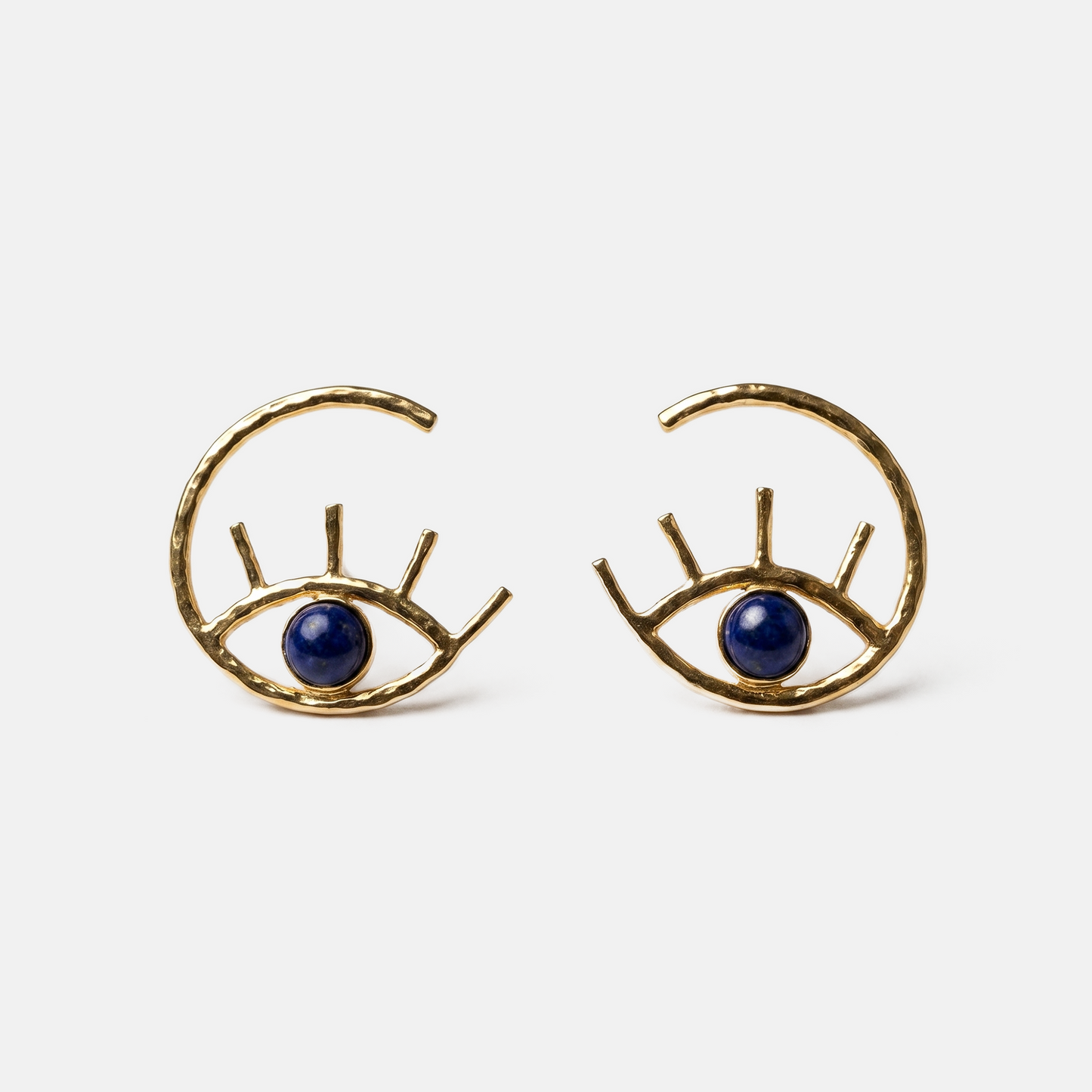 Eye-shaped gold hoop earrings with natural sodalite stones