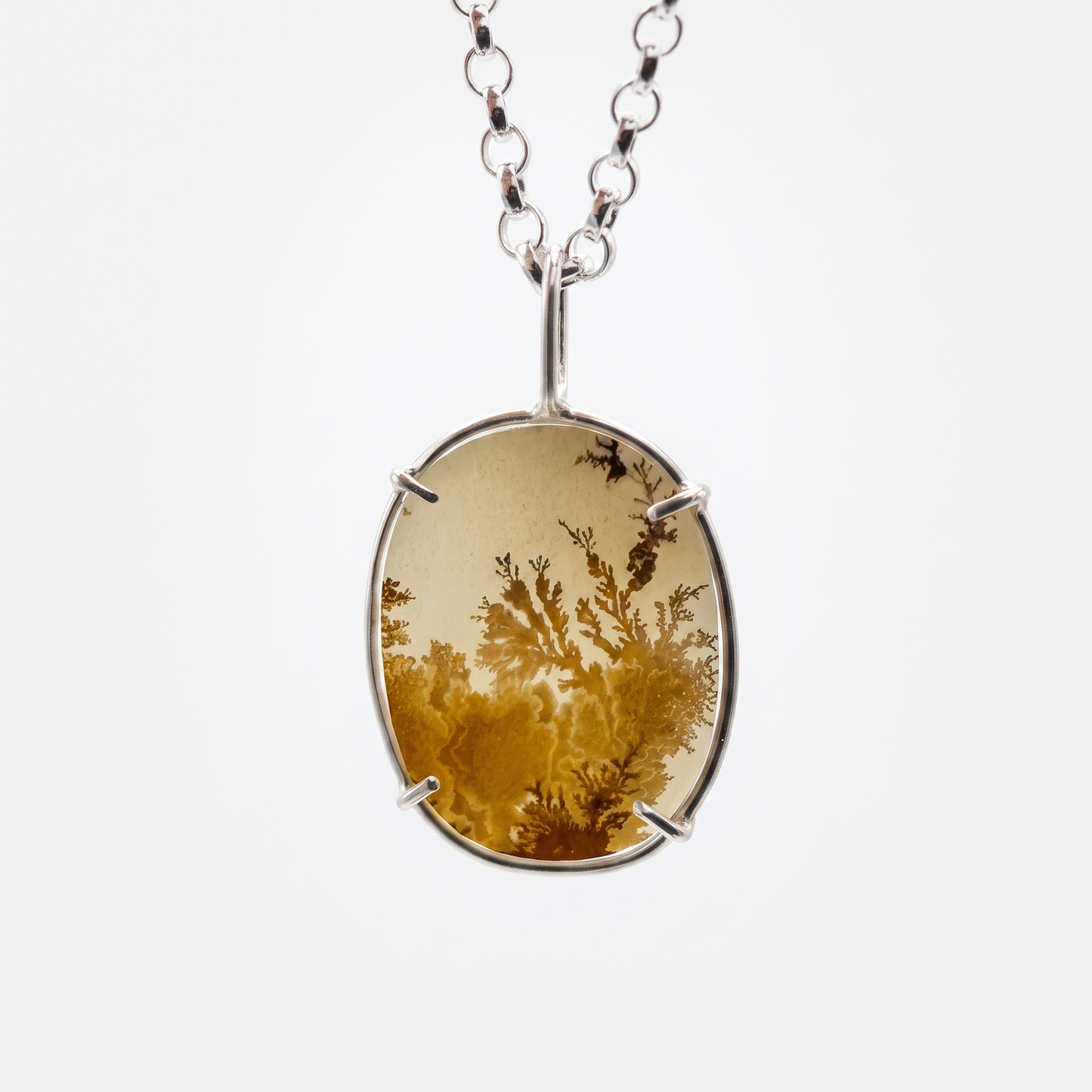 An oval pendant necklace featuring a translucent amber-yellow resin or glass insert with delicate dark botanical branch details, held in a silver-toned metal bezel and suspended from a silver chain against a light gray background.