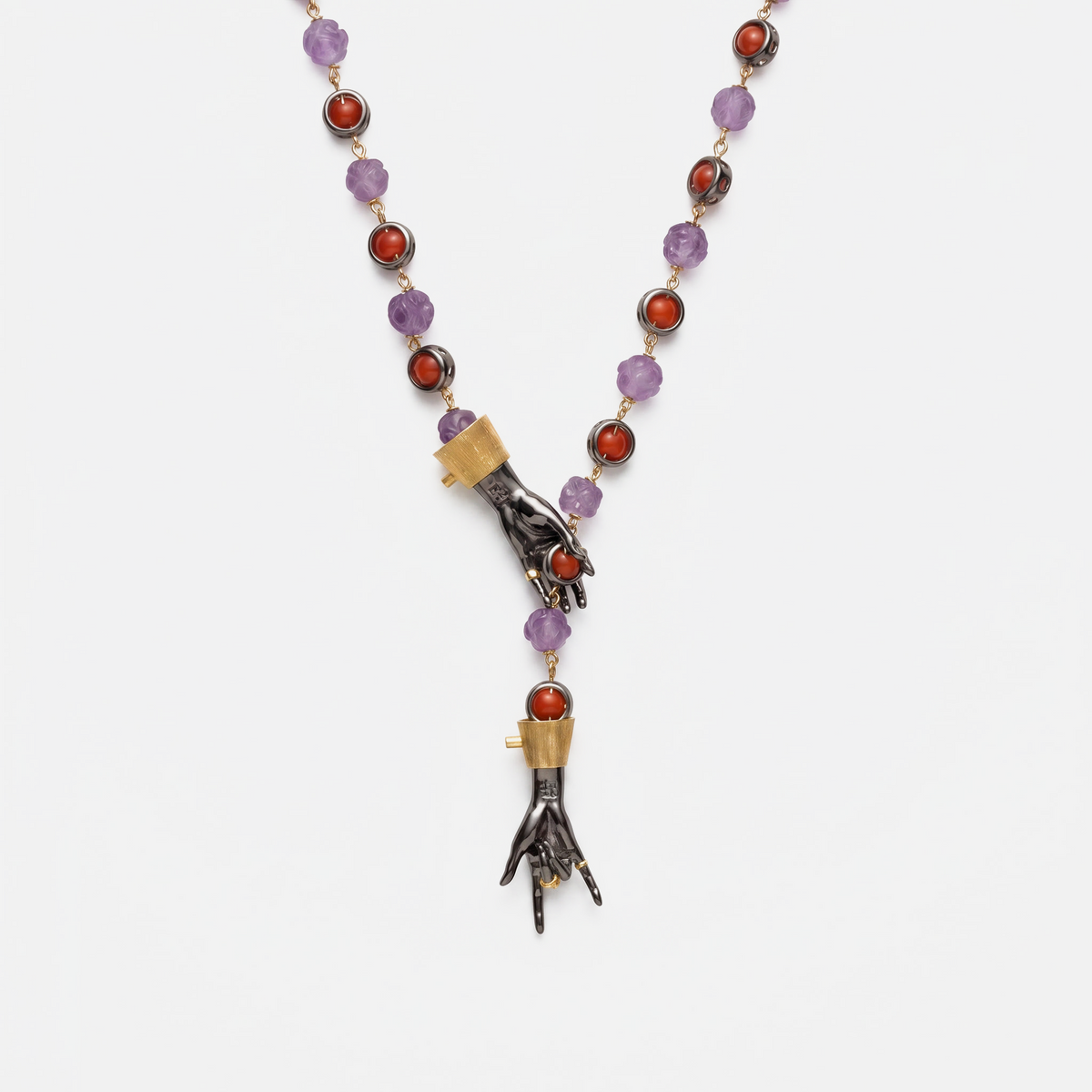 Luxury designer hand pendant necklace with amethyst and red gemstone beads, statement fine jewellery piece, unique artistic necklace for women