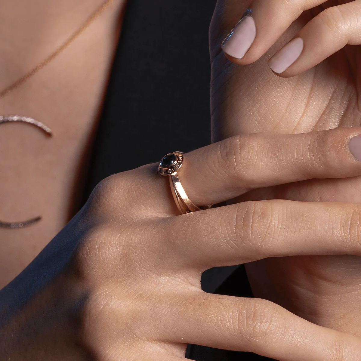 18k gold ring with blue gemstone worn on hand, elegant everyday luxury fine jewellery styling
