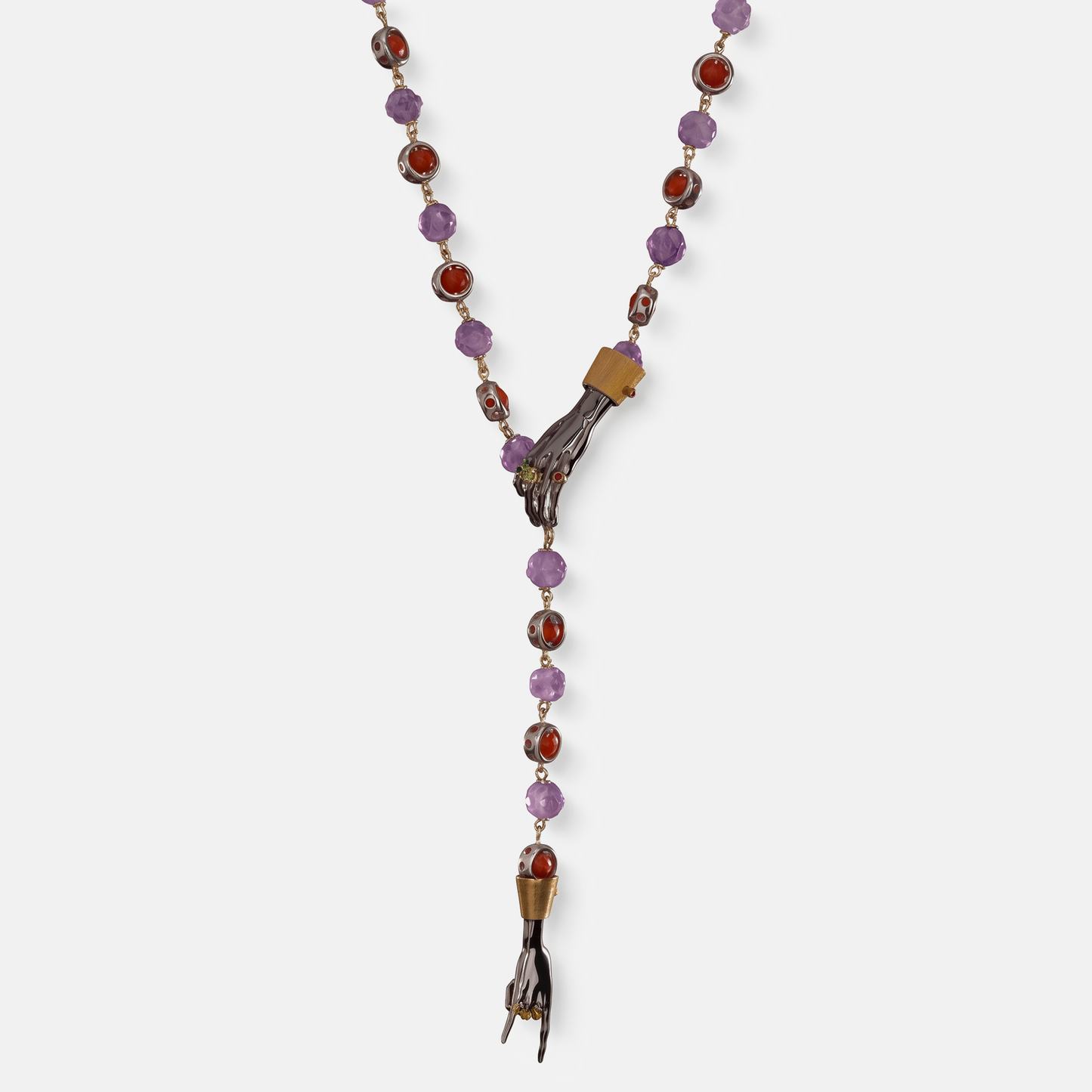 Y-shaped luxury necklace with sculptural hand pendants, amethyst and carnelian gemstones, statement designer jewellery, elegant modern fine jewellery