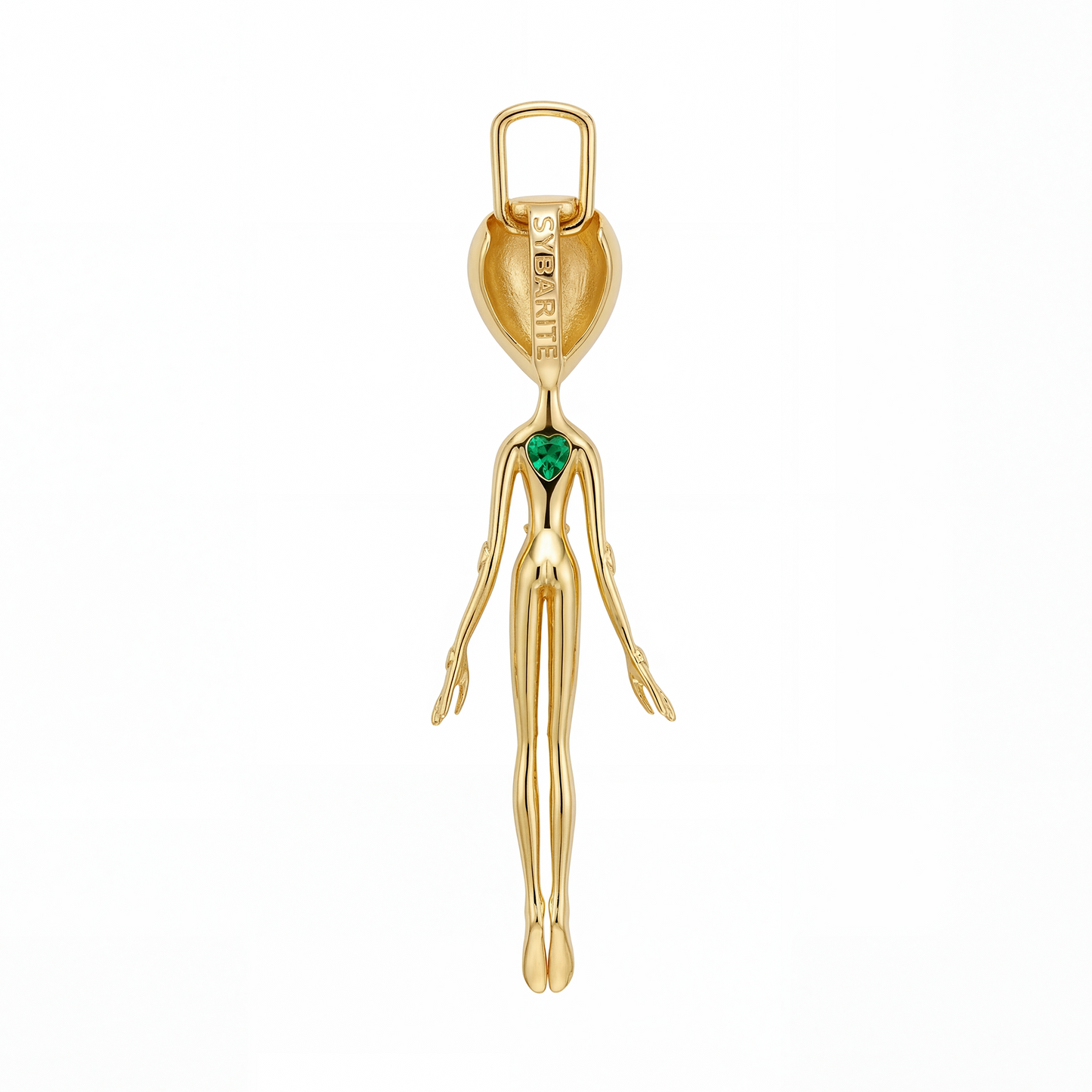 18k gold alien pendant with green gemstone detail on back, unique fine jewellery design by Sybarite