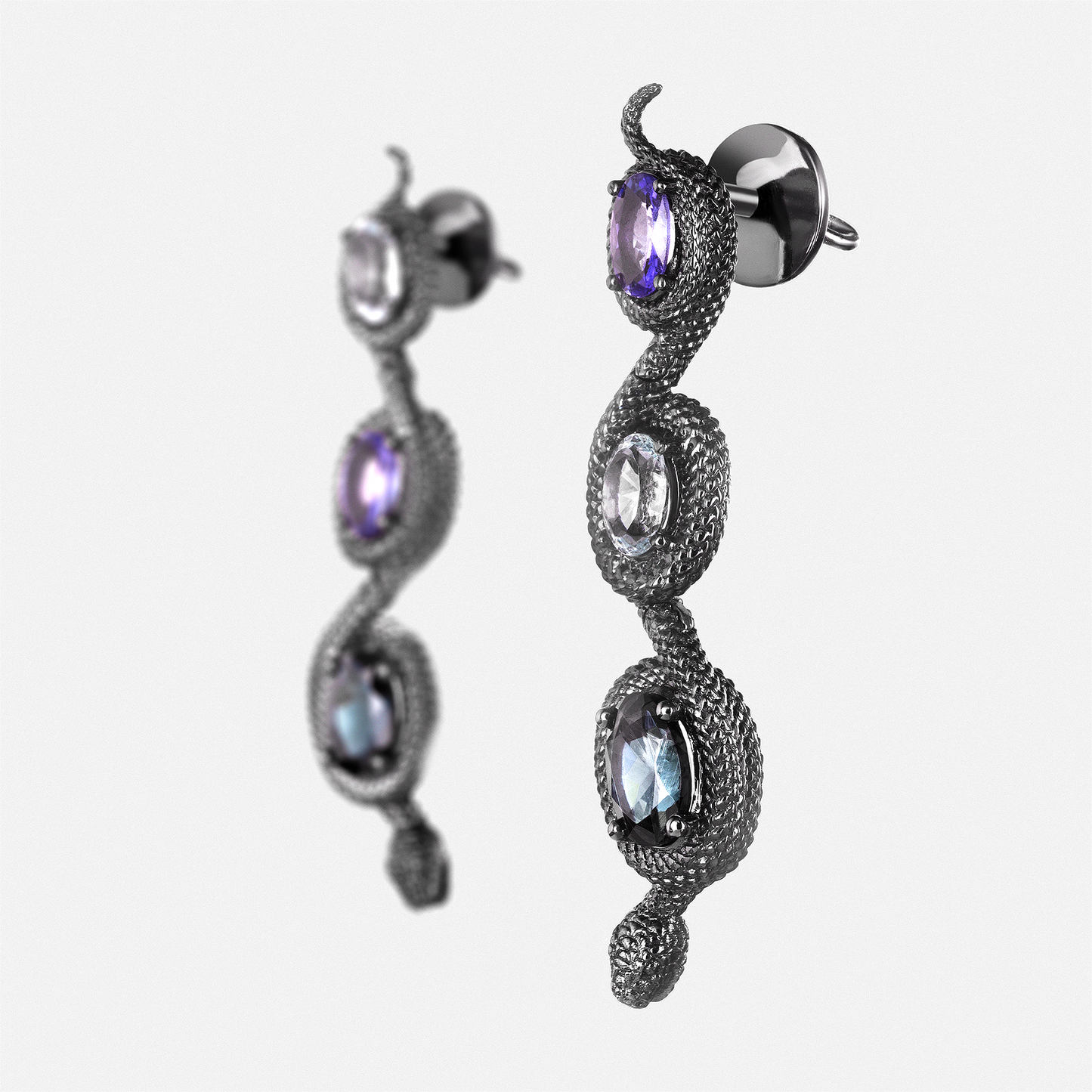 Serpentine drop earrings with textured black metal and multi-colour gemstones, luxury statement earrings