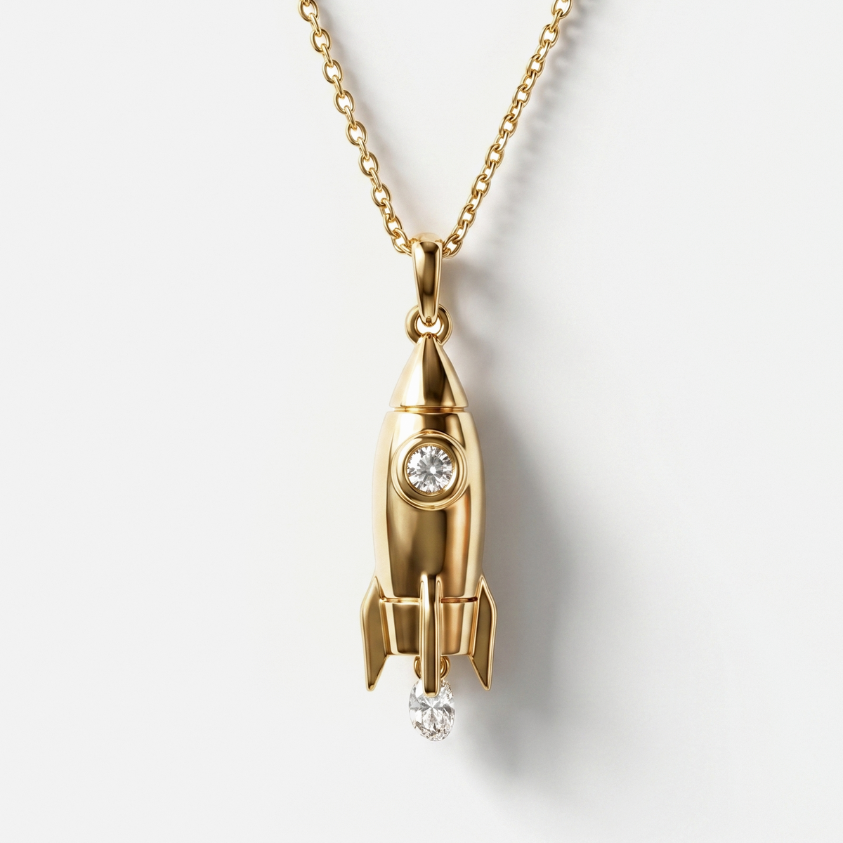 Gold rocket pendant necklace with diamond in 18k yellow gold, luxury fine jewellery with cosmic design