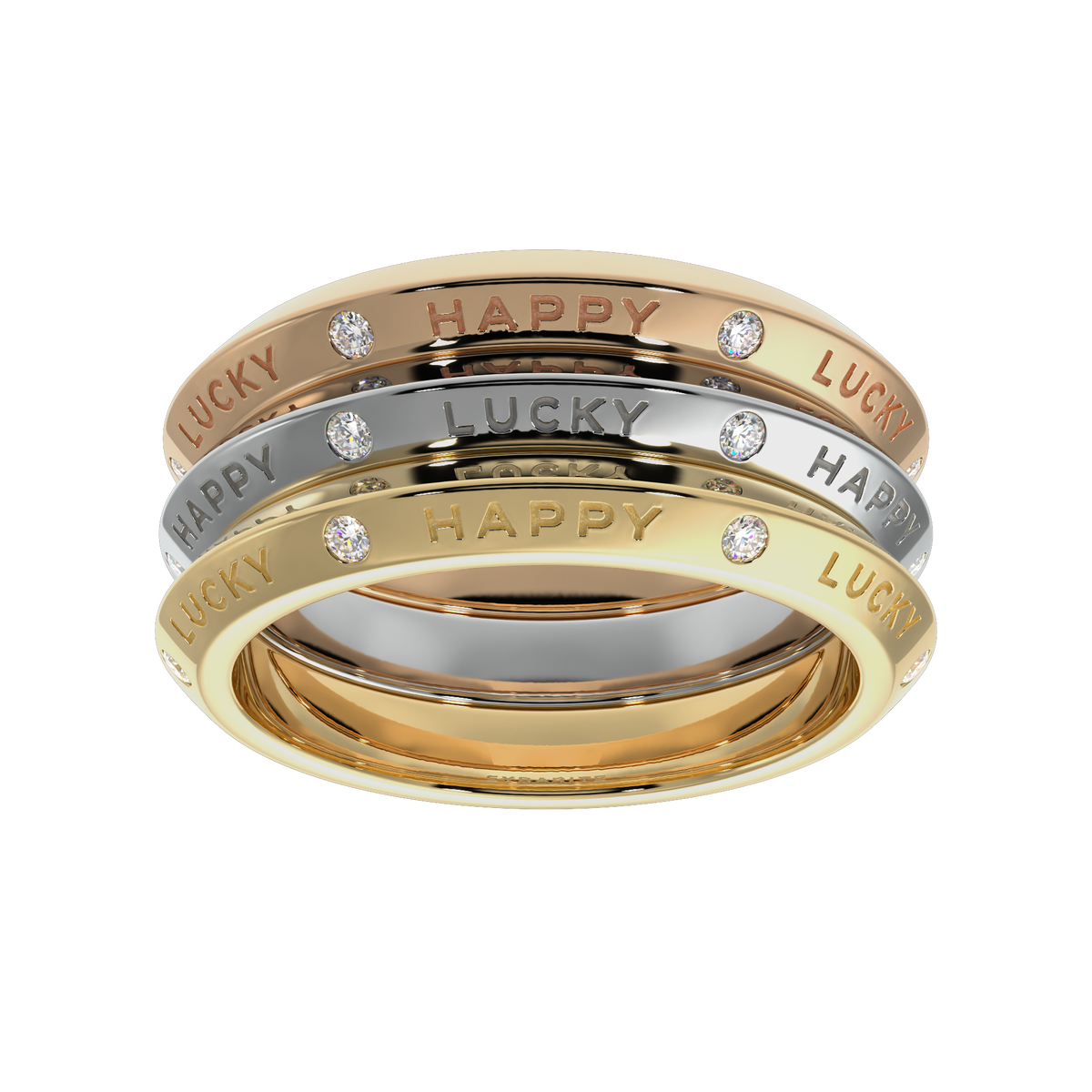18k gold diamond rings with Happy and Lucky engraving, stackable luxury bands in yellow white and rose gold