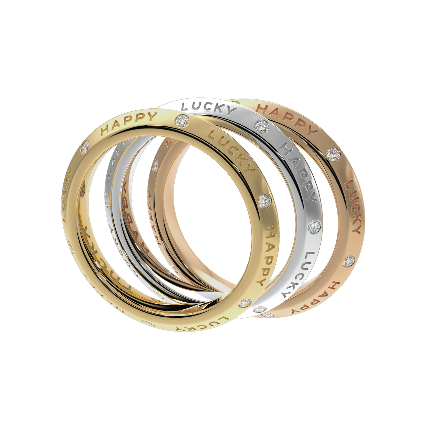 Luxury stackable diamond rings in 18k gold with Happy and Lucky engraving, fine jewellery stacking set
