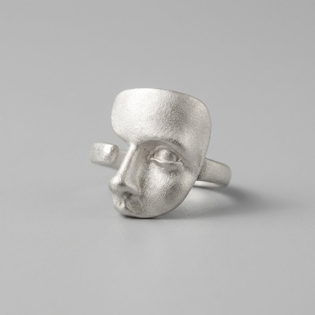 matte silver face ring contemporary statement jewellery minimalist design