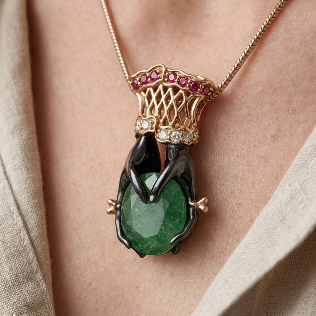 Luxury pendant necklace with green gemstone and gold chain on a person wearing a beige garment.
