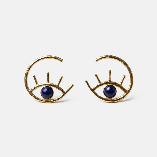 Eye-shaped gold hoop earrings with natural sodalite stones