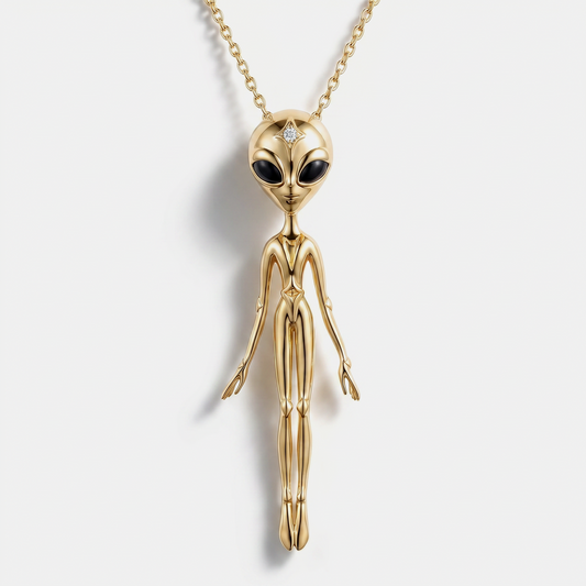 Gold alien pendant necklace in 18k yellow gold with diamond detail, luxury fine jewellery by Sybarite
