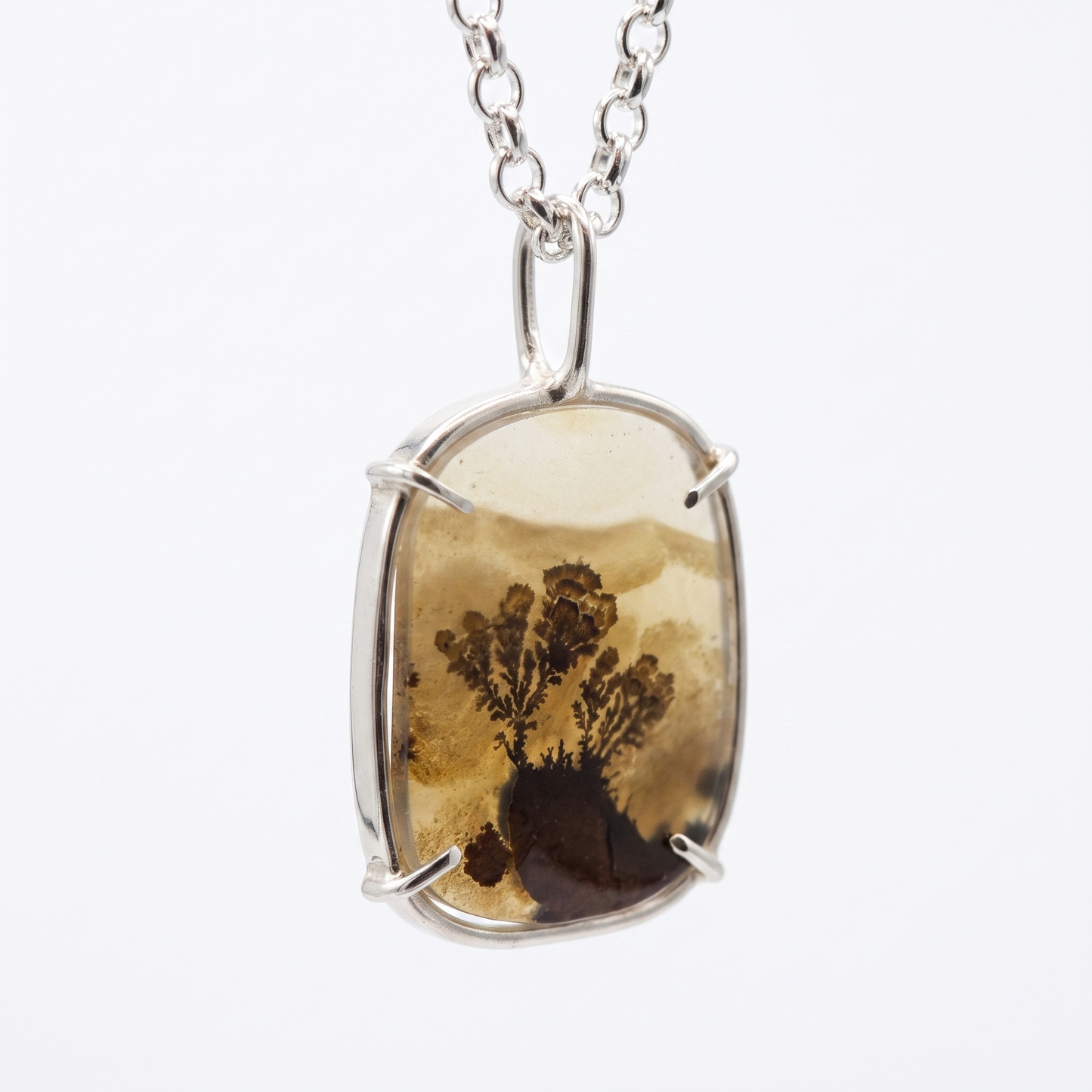 A silver-toned pendant necklace featuring a rectangular resin or glass inlay with a preserved botanical specimen, suspended from a silver chain against a plain white background.