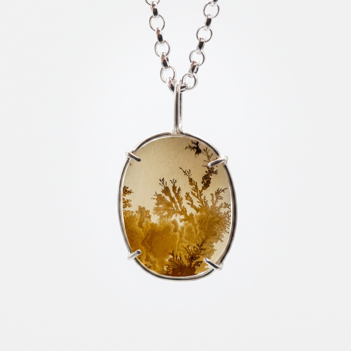 An oval pendant necklace featuring a translucent amber-yellow resin or glass insert with delicate dark botanical branch details, held in a silver-toned metal bezel and suspended from a silver chain against a light gray background.