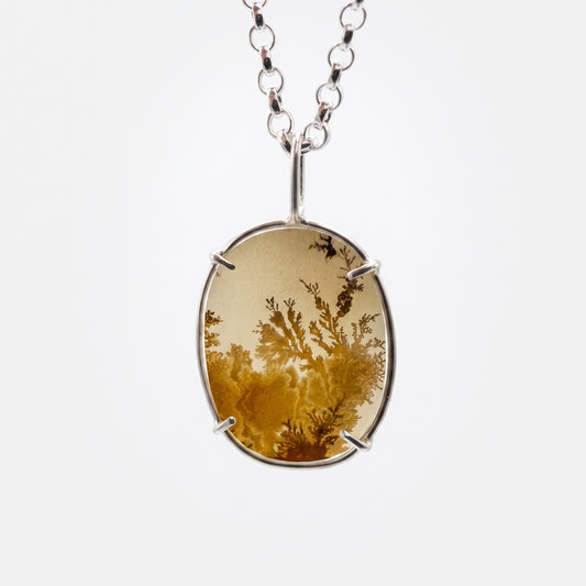 An oval pendant necklace featuring a translucent amber-yellow resin or glass insert with delicate dark botanical branch details, held in a silver-toned metal bezel and suspended from a silver chain against a light gray background.