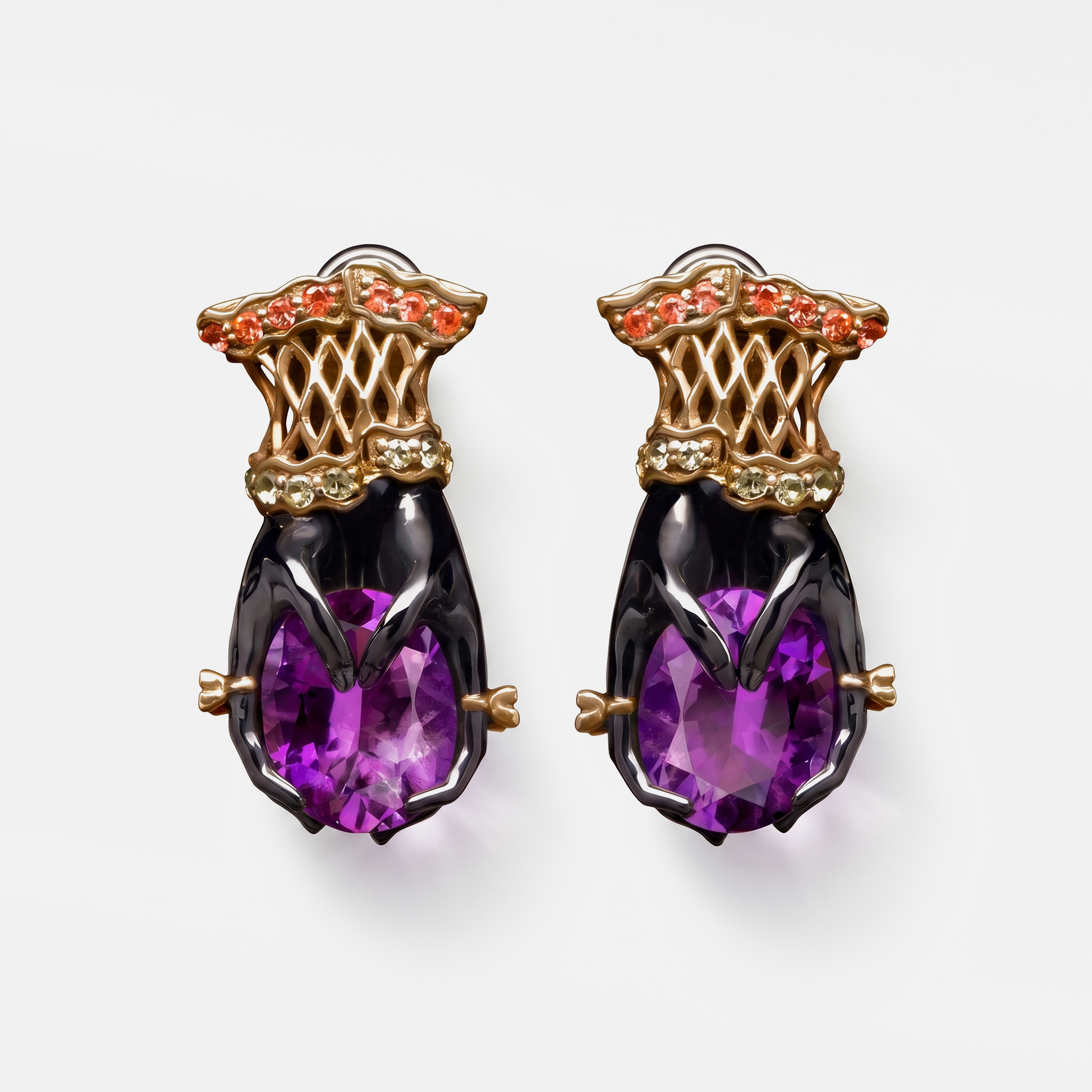 Luxury designer amethyst drop earrings with sculptural hand motif, statement fine jewellery in gold and dark metal, unique artistic earrings for women