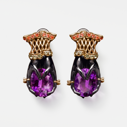 Luxury designer amethyst drop earrings with sculptural hand motif, statement fine jewellery in gold and dark metal, unique artistic earrings for women