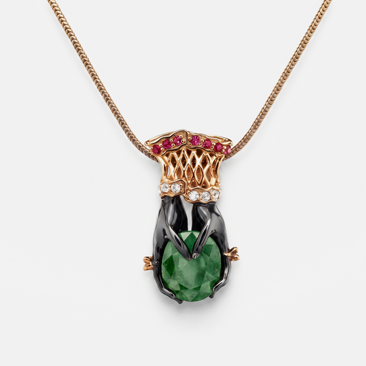 Jewelry pendant with green gemstone, black accents, and rose gold chain on a white background