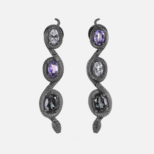 Black snake drop earrings with oval gemstones in purple, clear and dark tones, statement designer jewellery
