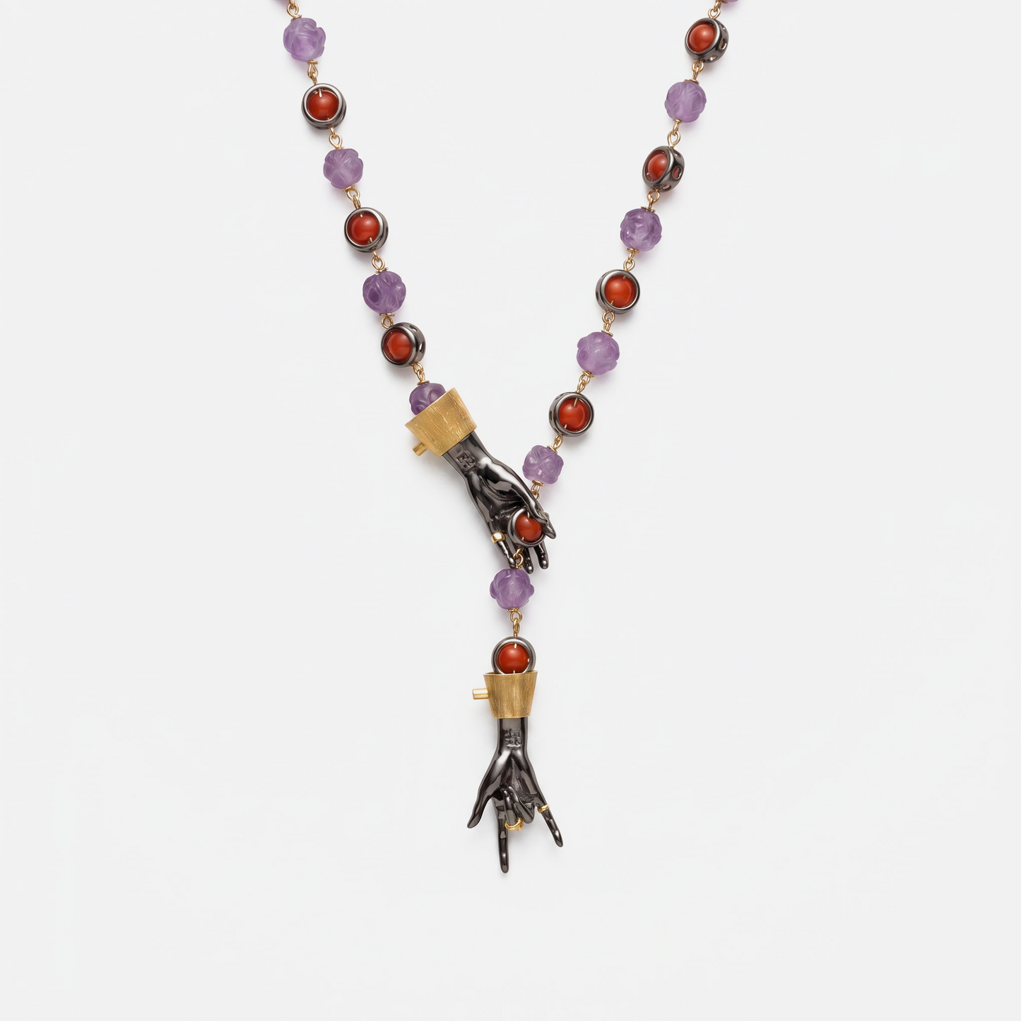 Luxury designer hand pendant necklace with amethyst and red gemstone beads, statement fine jewellery piece, unique artistic necklace for women