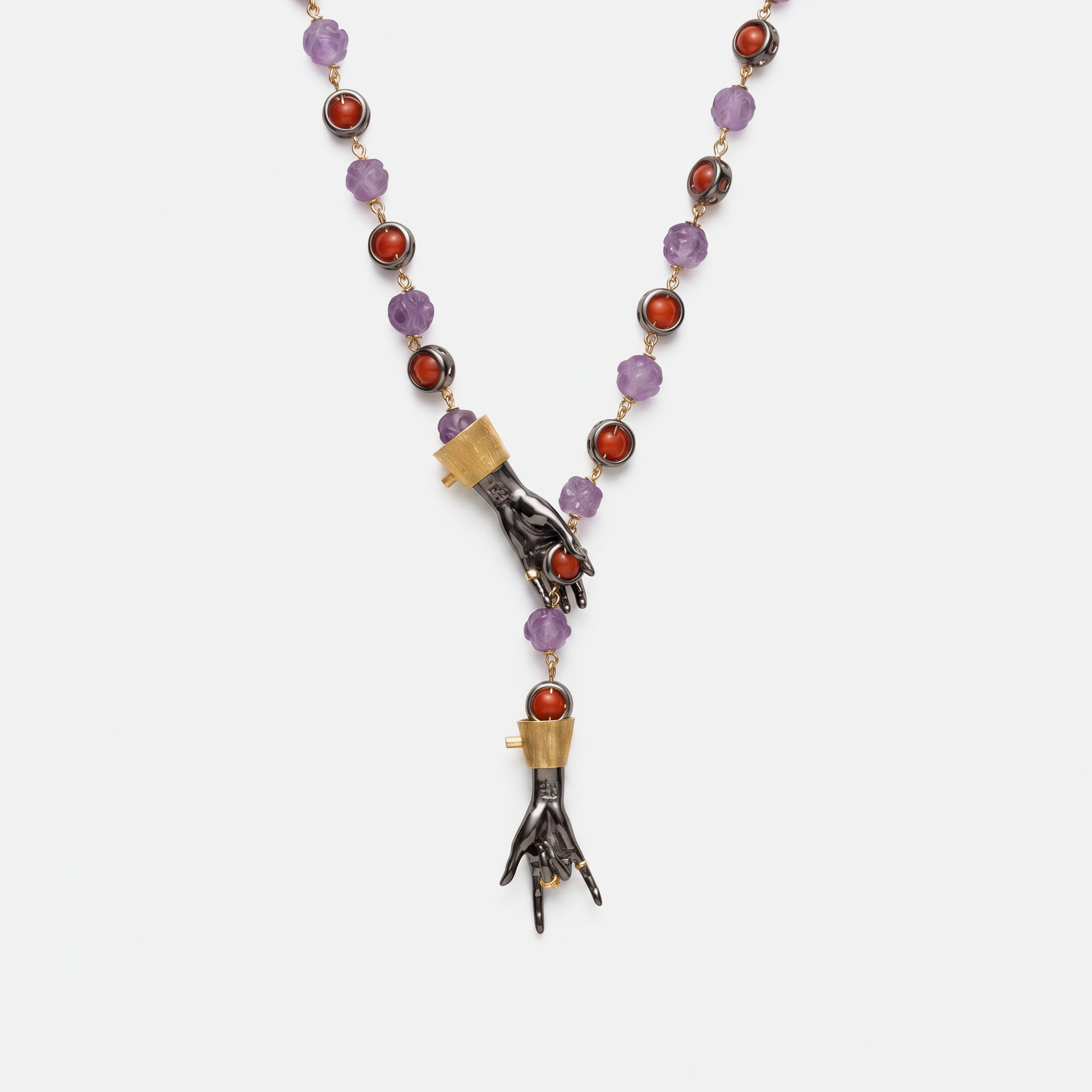 Luxury designer hand pendant necklace with amethyst and red gemstone beads, statement fine jewellery piece, unique artistic necklace for women