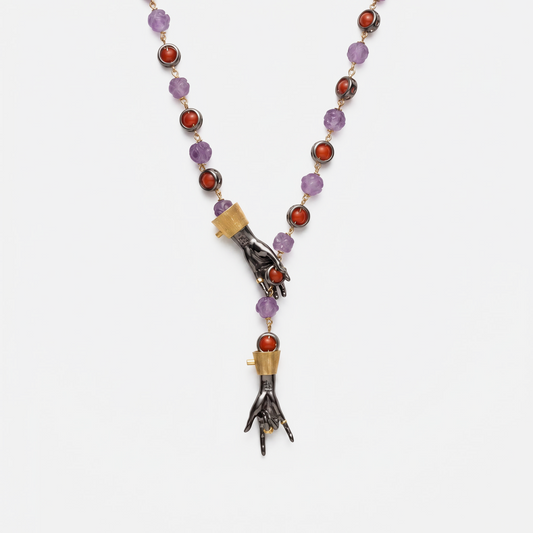 Luxury designer hand pendant necklace with amethyst and red gemstone beads, statement fine jewellery piece, unique artistic necklace for women