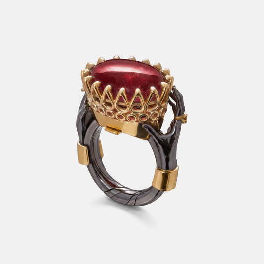 Luxury statement ring with large red gemstone held by sculptural black hands in gold setting, designer jewellery piece