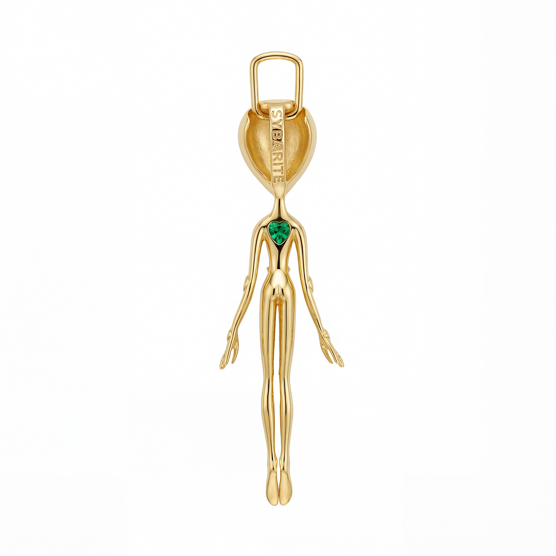 18k gold alien pendant with green gemstone detail on back, unique fine jewellery design by Sybarite