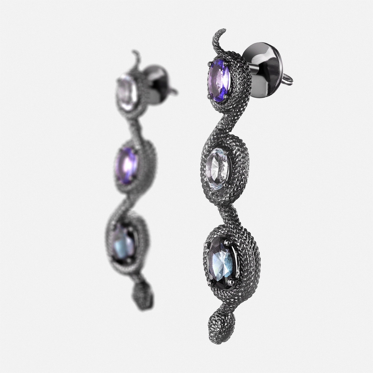 Serpentine drop earrings with textured black metal and multi-colour gemstones, luxury statement earrings