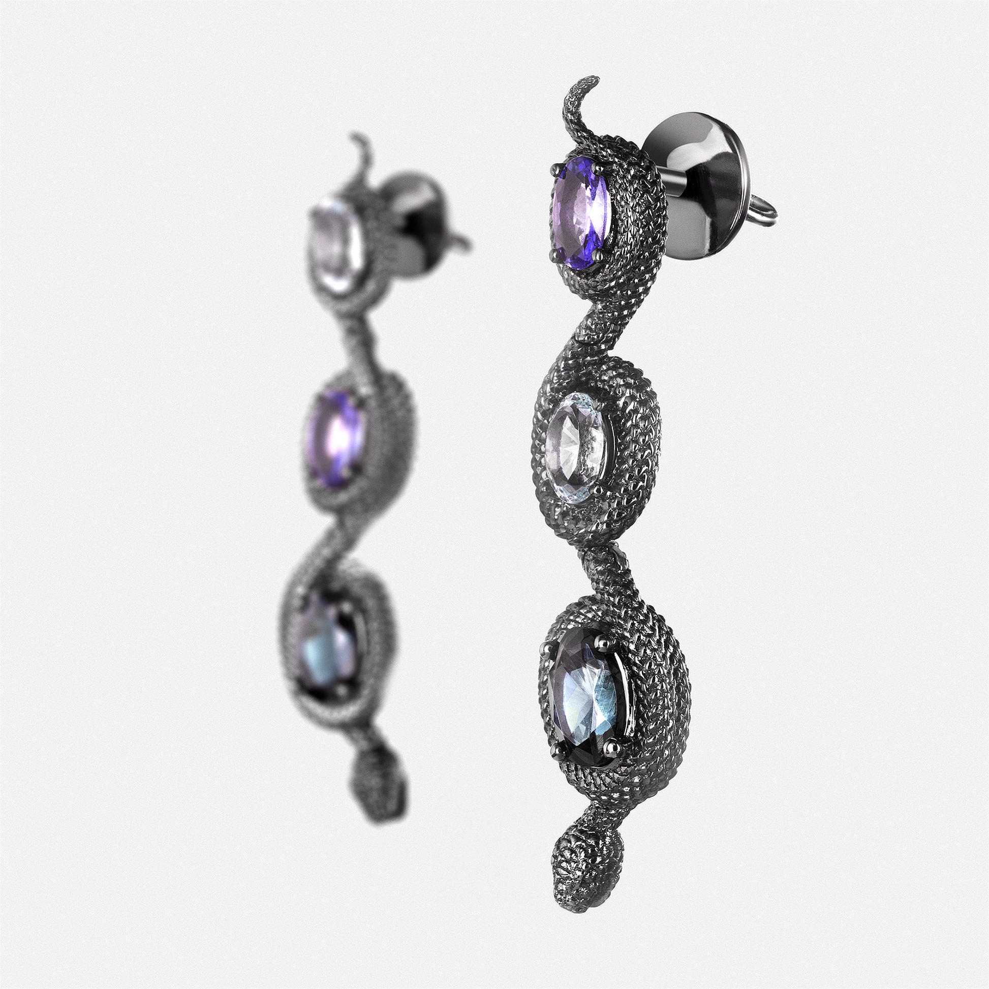 Serpentine drop earrings with textured black metal and multi-colour gemstones, luxury statement earrings
