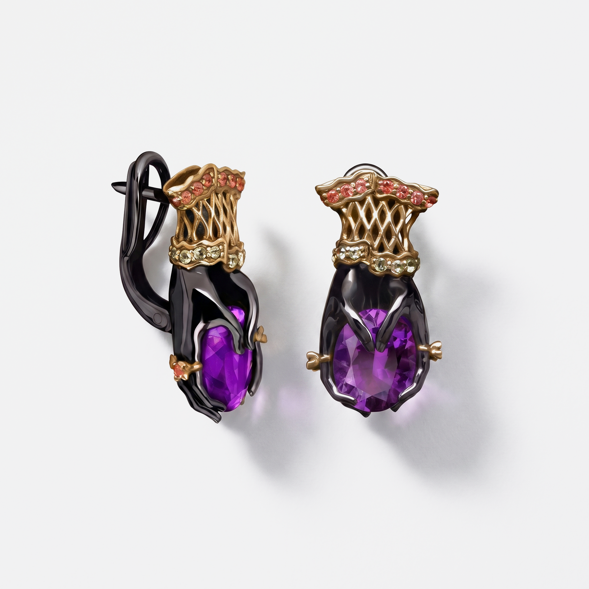 Statement amethyst gemstone earrings with sculptural hands, luxury designer jewellery, bold artistic drop earrings in gold and dark finish