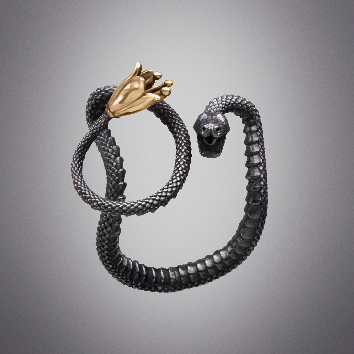 Snake wrap ring black and gold, unique statement ring, artistic jewellery design for women