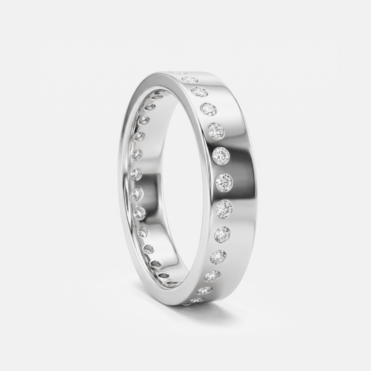A polished silver band ring with a row of small clear gemstones set around the outer edge, shown on a clean light gray background.