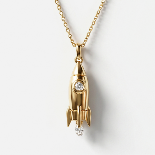 Gold rocket pendant necklace with diamond in 18k yellow gold, luxury fine jewellery with cosmic design