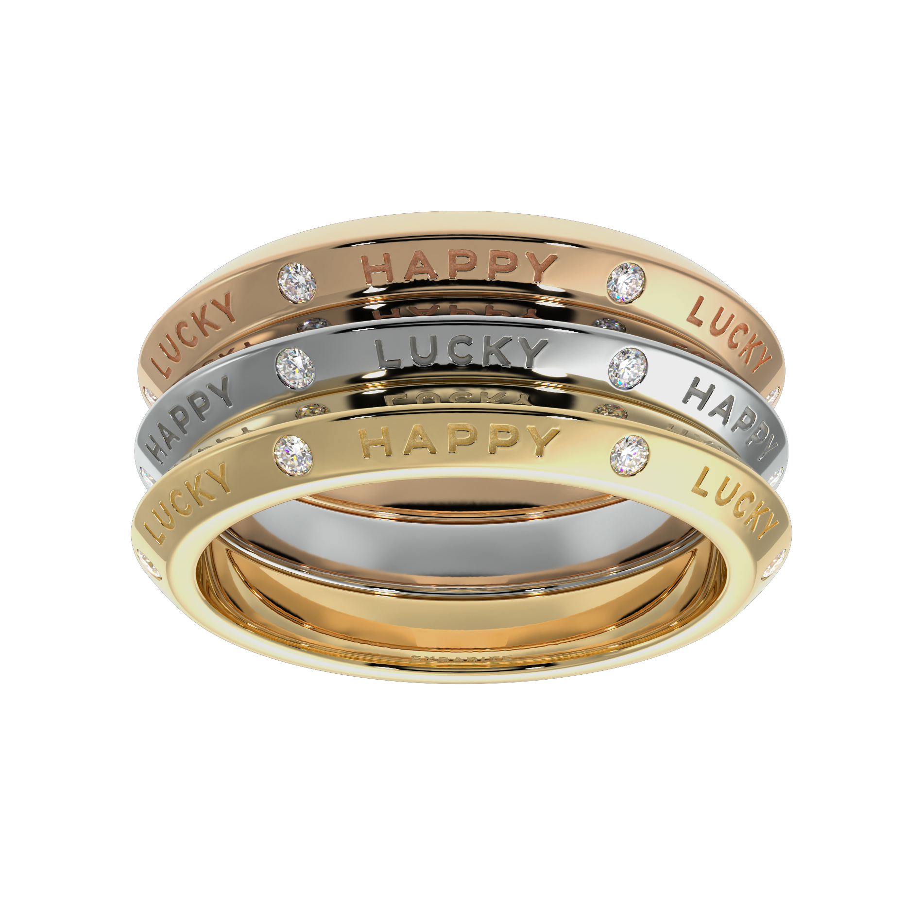 18k gold diamond rings with Happy and Lucky engraving, stackable luxury bands in yellow white and rose gold
