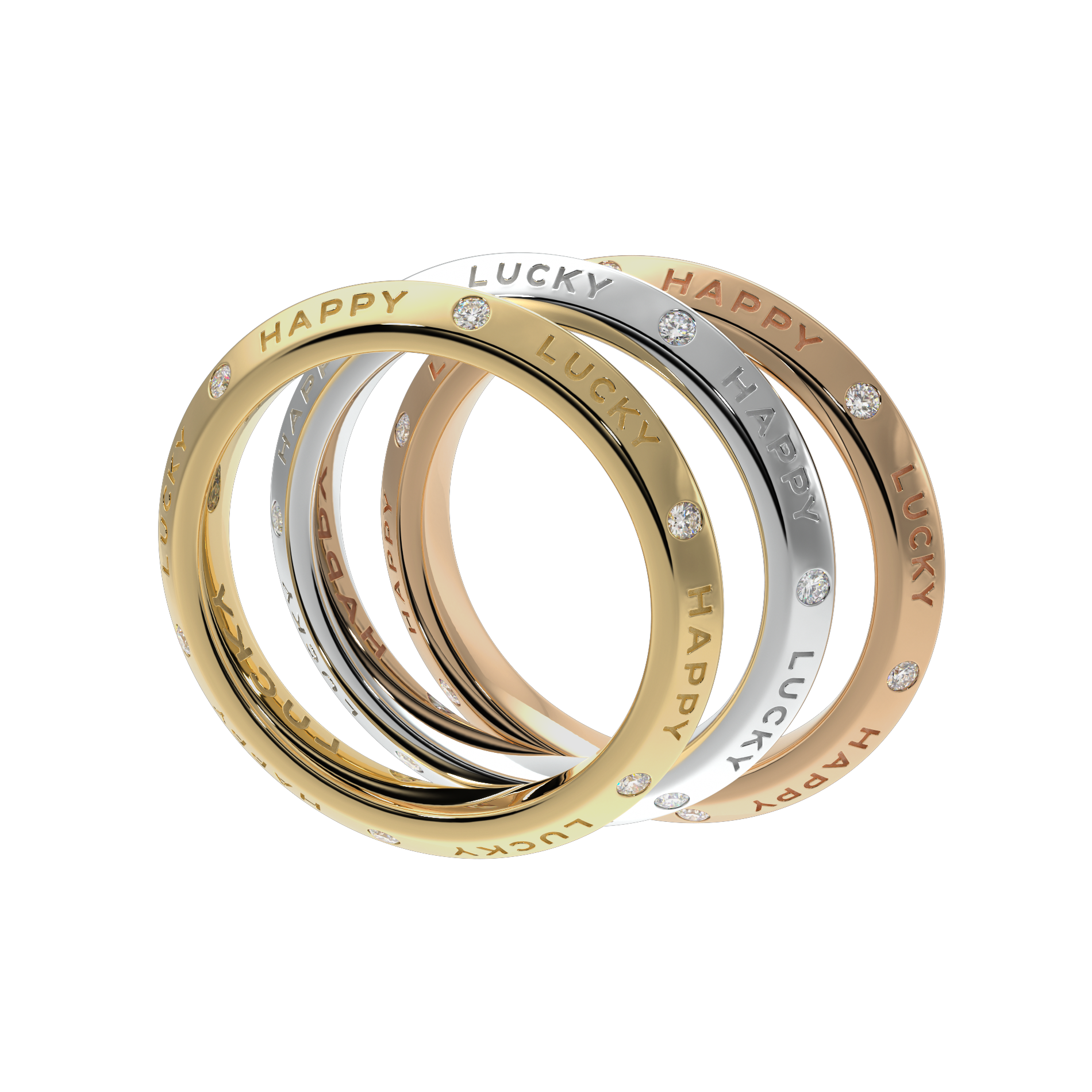 Luxury stackable diamond rings in 18k gold with Happy and Lucky engraving, fine jewellery stacking set