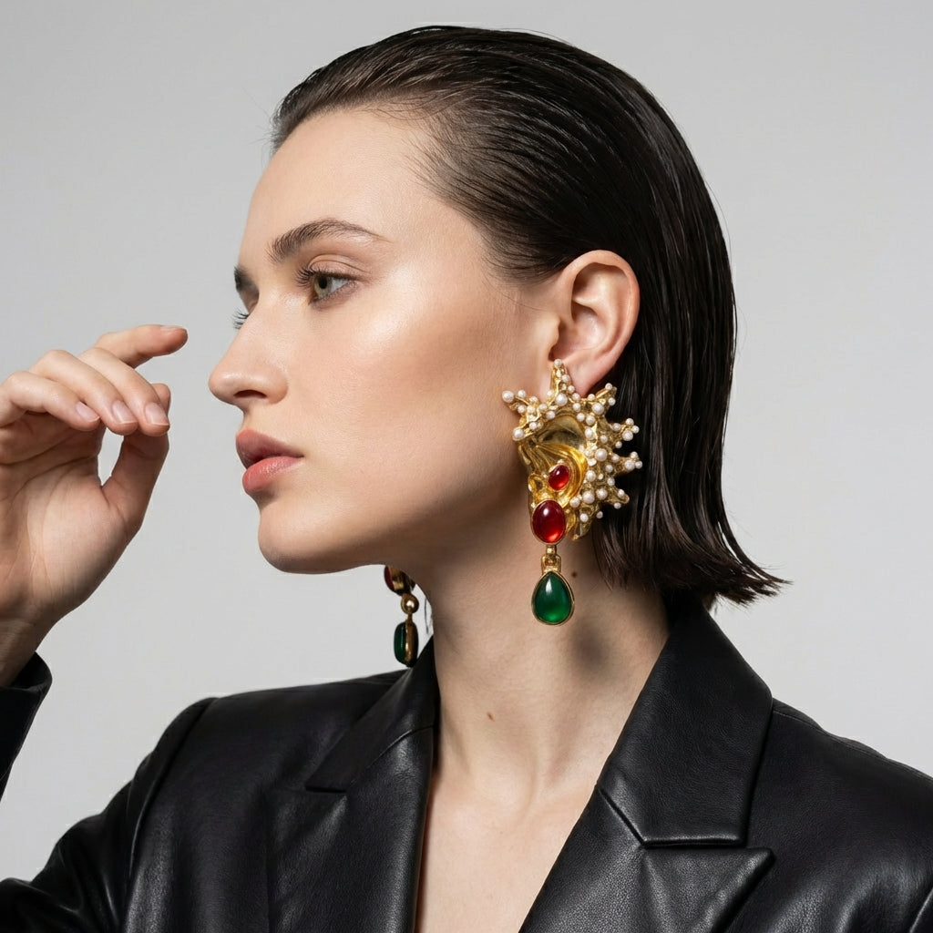 Woman wearing a pair of ornate earrings with gemstones on a plain background