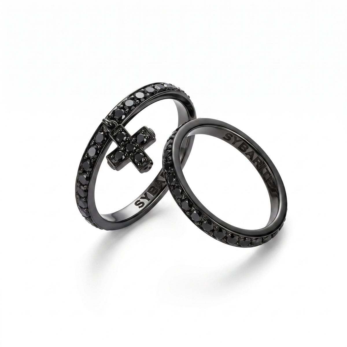 Stackable black diamond rings in blackened 18k gold, Sybarite designer jewellery set with cross pendant ring, contemporary fine jewellery