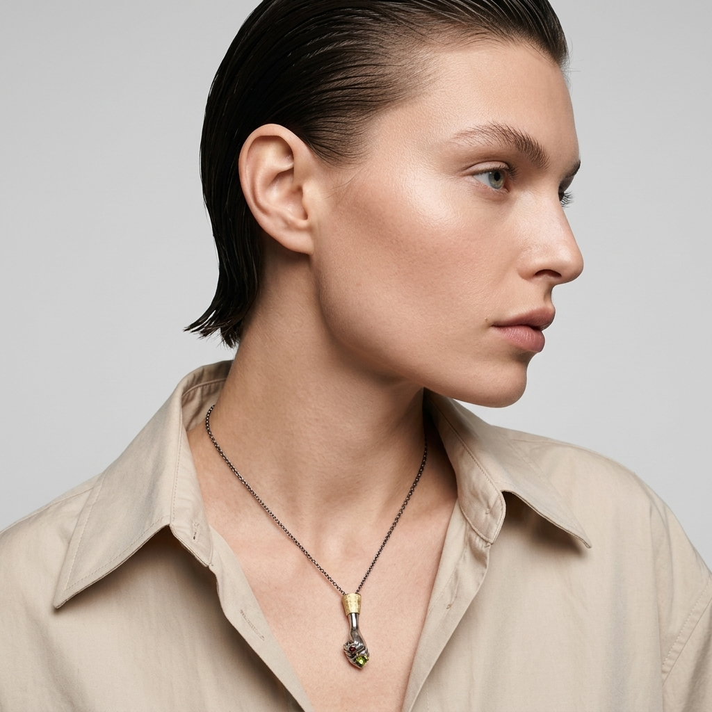Model wearing black hand pendant necklace in gold with ruby and green gemstone, contemporary luxury jewellery look