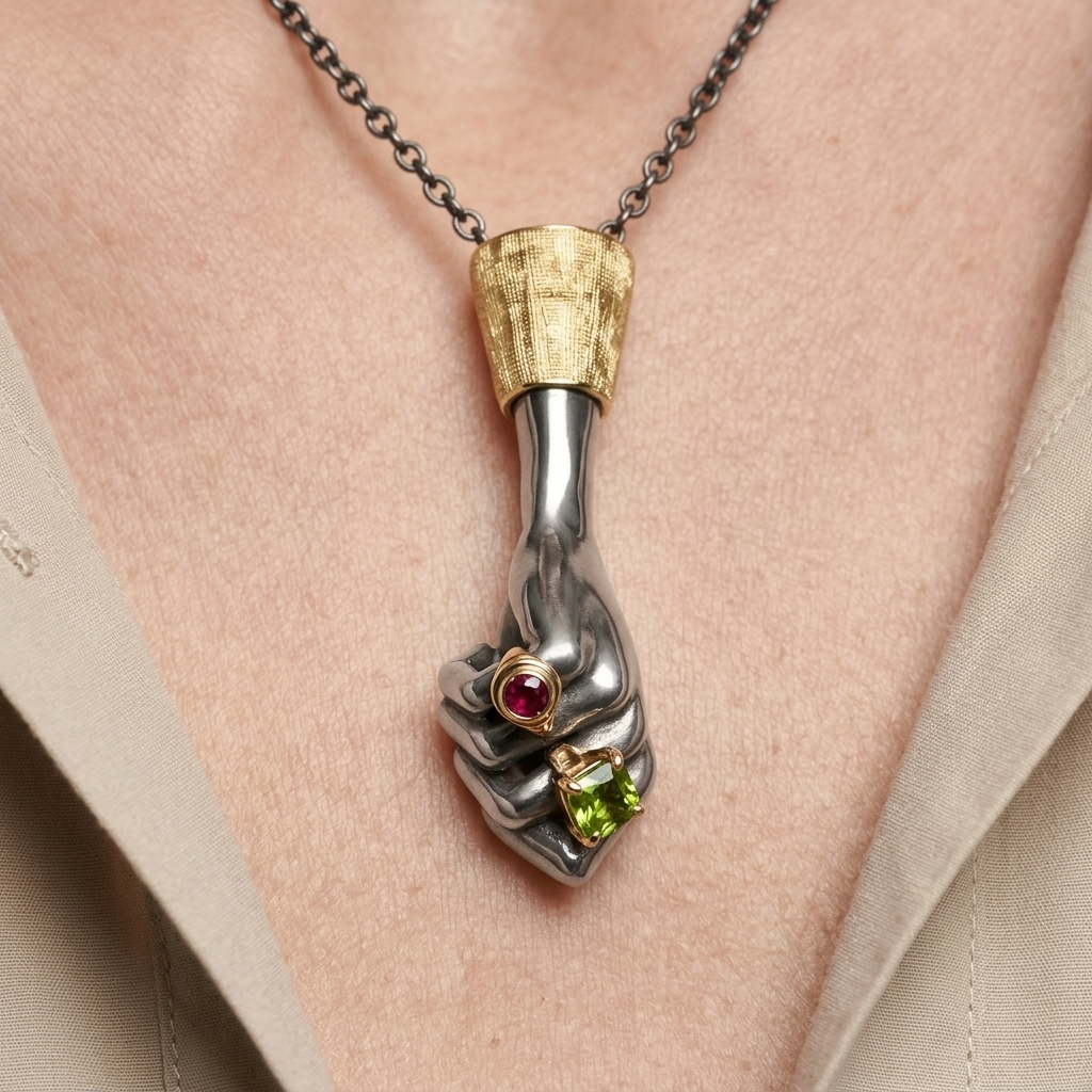 Black hand pendant necklace with ruby and green gemstone on skin, modern fine jewellery close-up