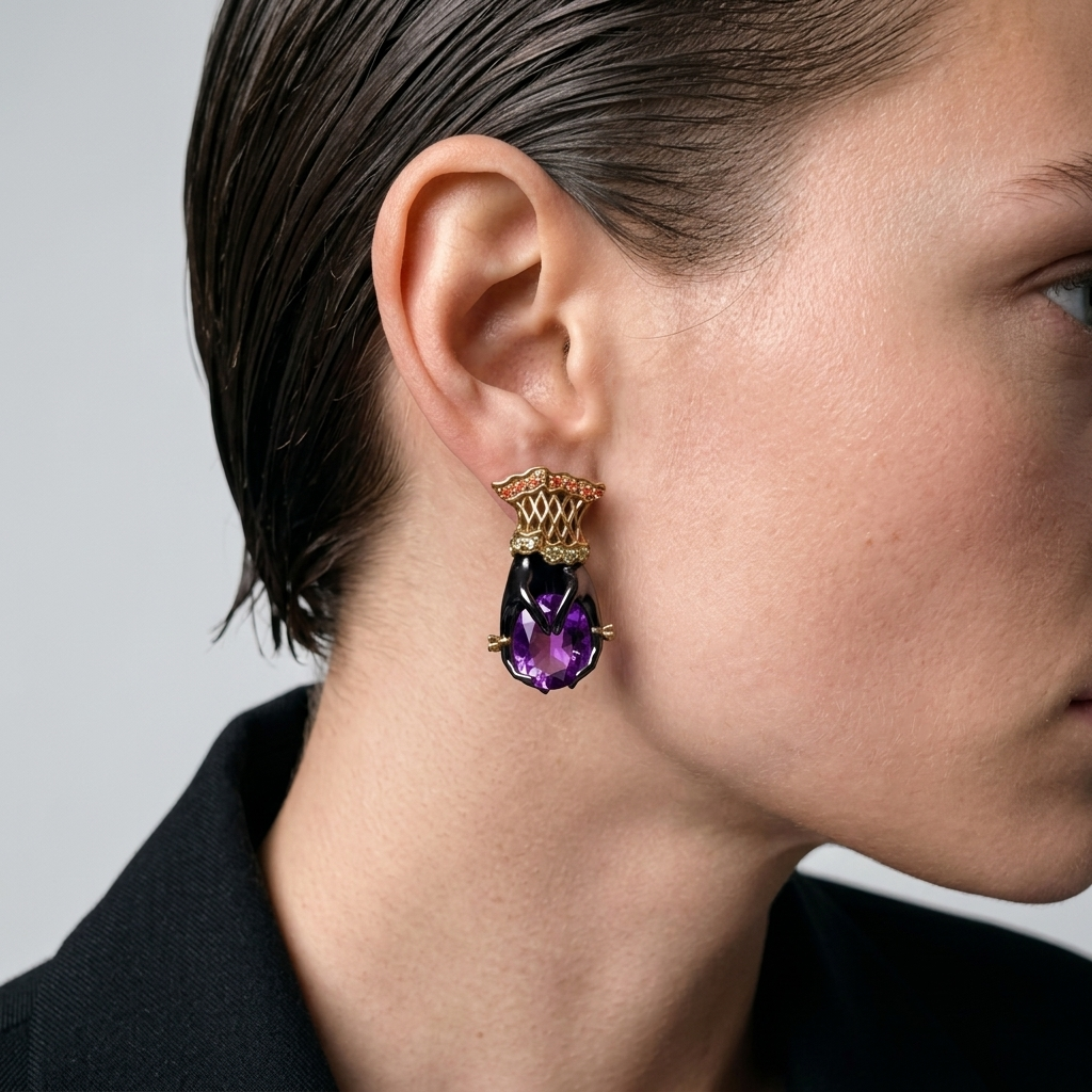 Close-up of luxury amethyst earrings on ear, sculptural hand motif jewellery, high-end designer piece with bold purple gemstone