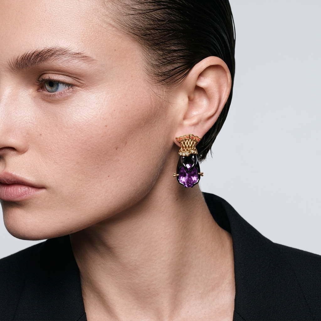 Woman wearing luxury amethyst drop earrings with sculptural hand design, statement designer jewellery, elegant modern styling