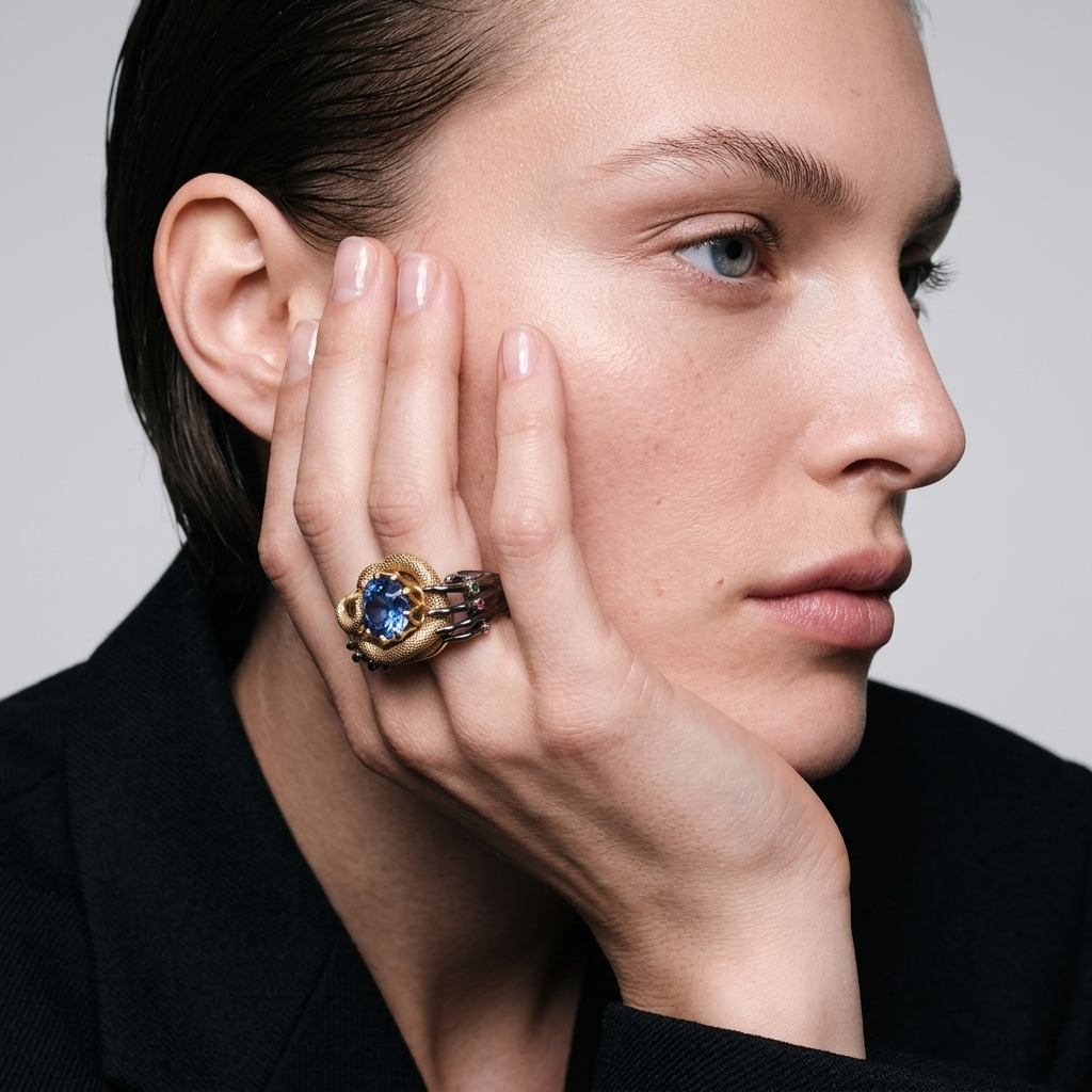 Close-up luxury statement ring with blue gemstone and gold setting on hand, sculptural designer jewellery detail