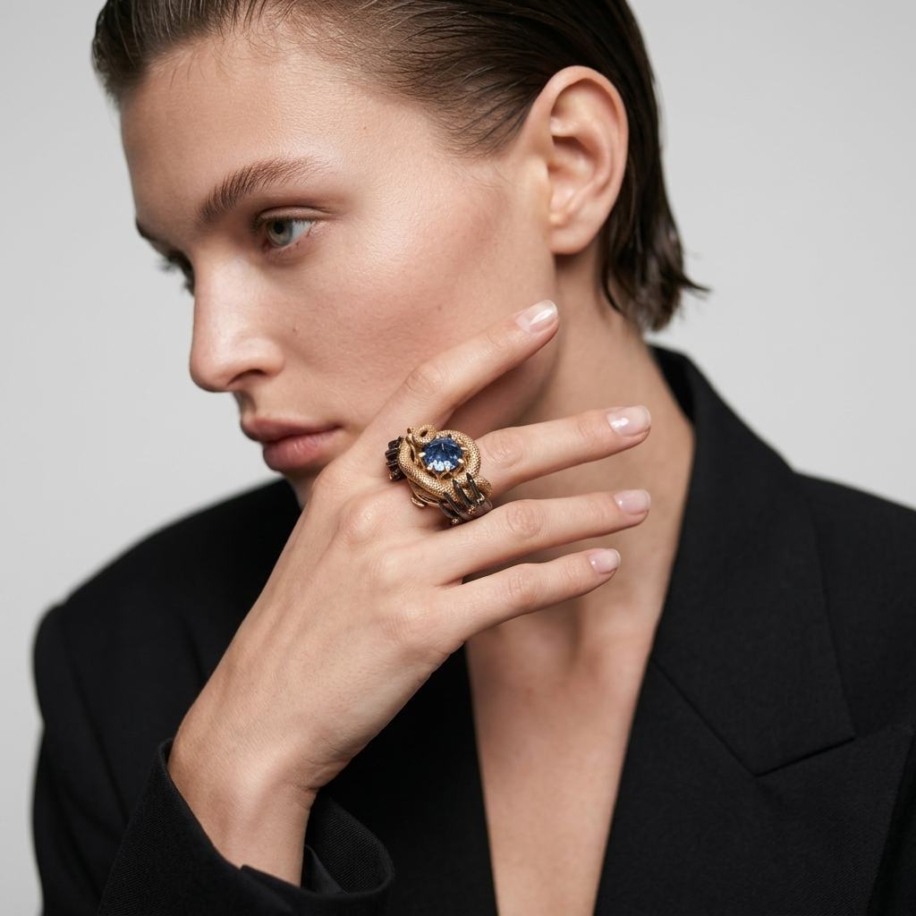 Model wearing luxury statement ring with blue gemstone and sculptural hand design, high-end designer jewellery styling
