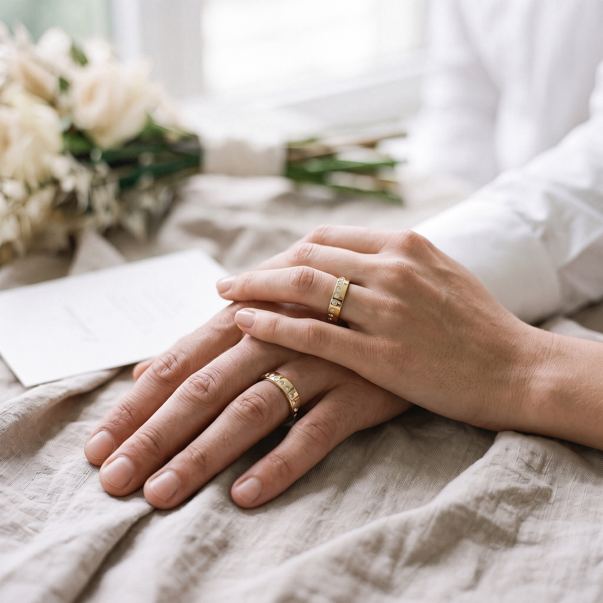 Two hands resting on a beige linen surface, each wearing a silver band ring with small clear stones. A blurred bouquet and white card are in the background near a soft window light.