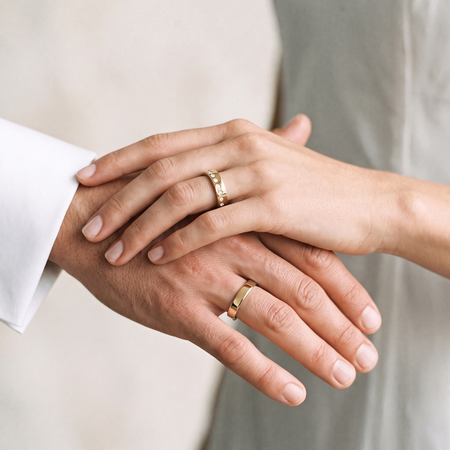 Two hands clasped together, each wearing a simple gold band ring. One hand wears a textured gold ring, and the other wears a smooth gold band.